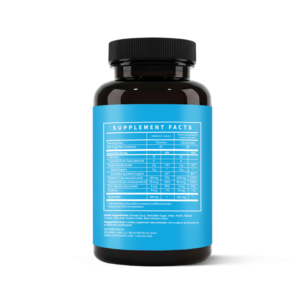 Bottle of Kids Z-Stack vitamins with blue label and black cap on white background
