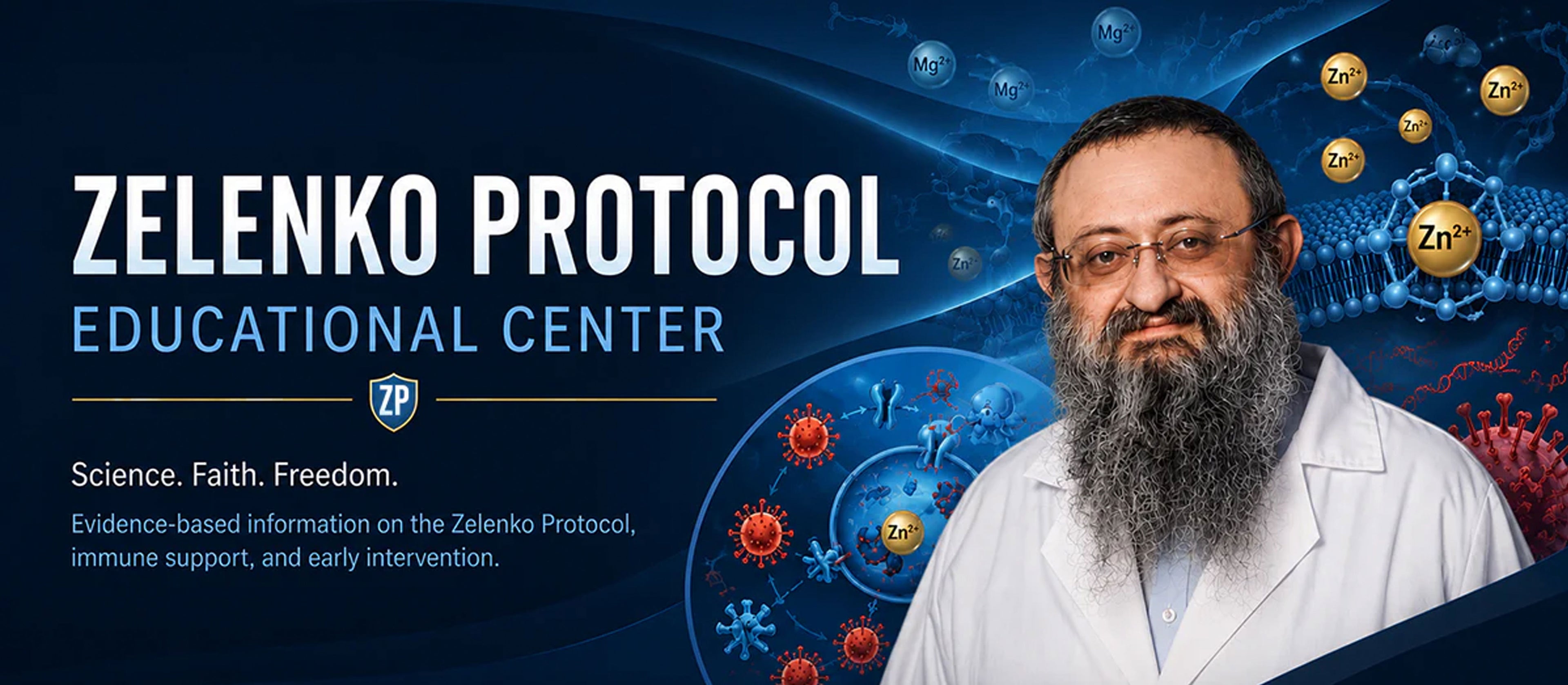 Advertisement for Zelenko Protocol Educational Center with a man in a lab coat and scientific graphics.